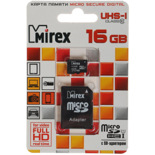 Карта памяти «Mirex» 16GB, UHS-I, class10, с адаптером.