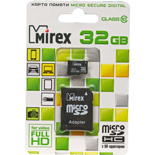 Карта памяти «Mirex» microSDHC (class 10) 32GB + адаптер (13613-AD10SD32).