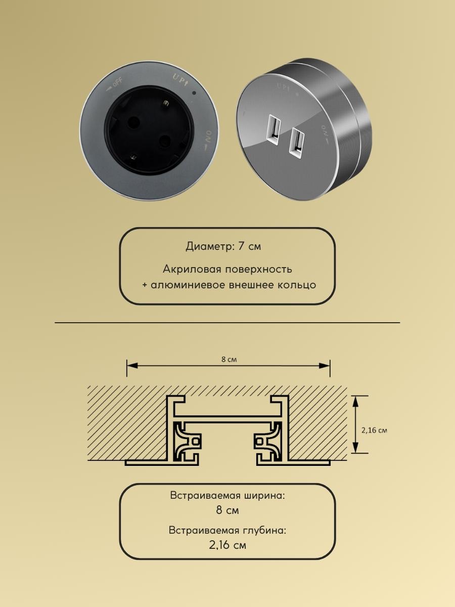 Комплект трековых розеток: шинопровод 40 см + 1 Евро розетка +1 USB розетка (серый)