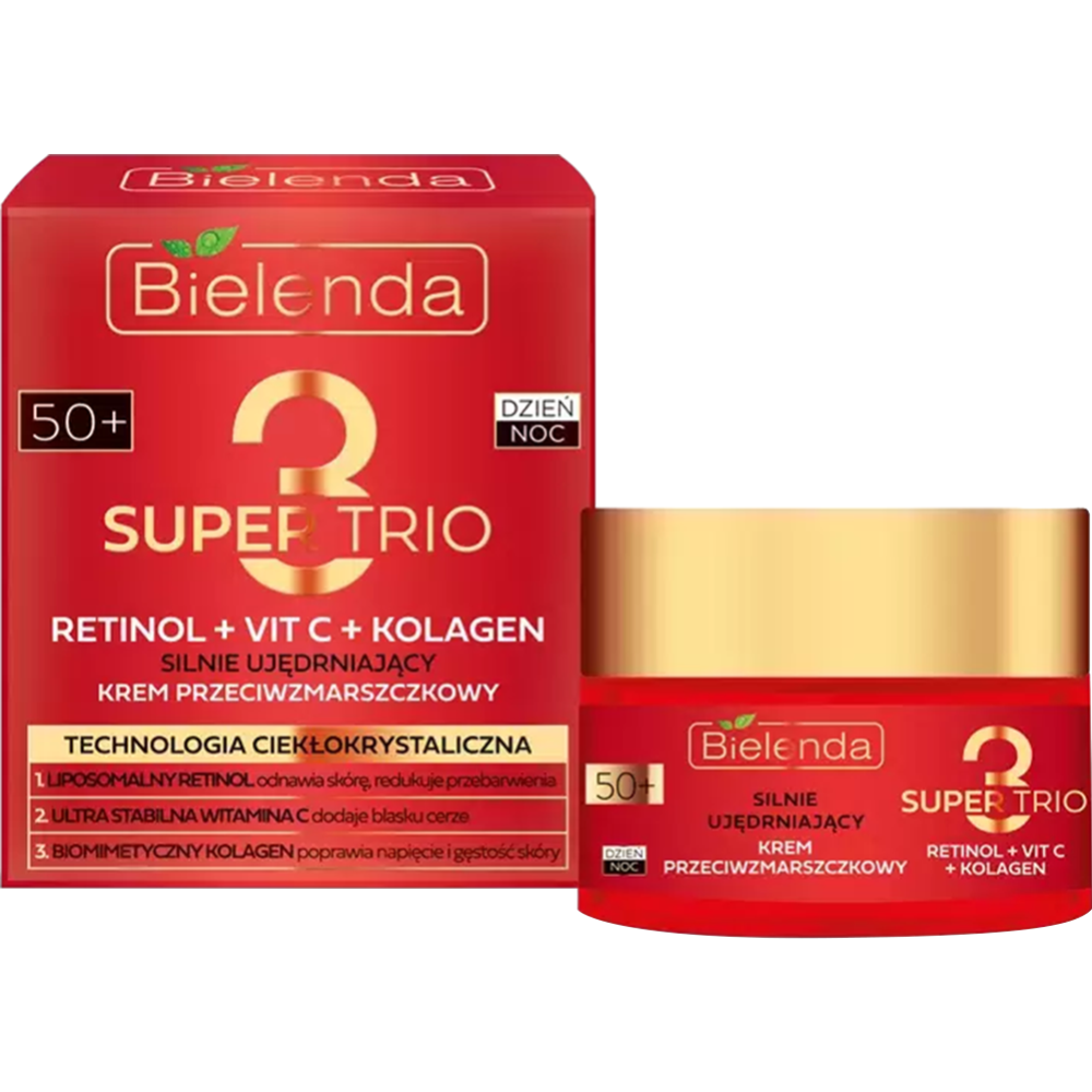 Крем для лица «Bielenda» Super Trio Retinol+Vit C+Kolagen, сильноукрепляющий, 50+ день/ночь, 50 мл