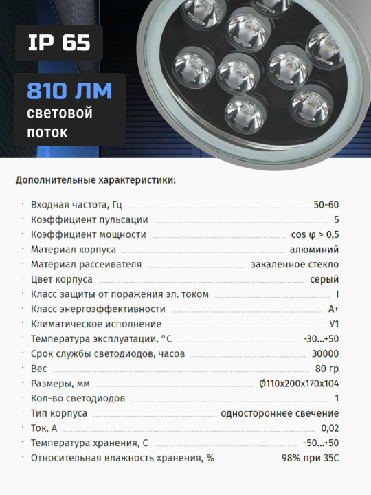 Светильник архитектурный светодиодный PWL-200110/30D 1x9w  3000K  GR (новый) IP65  230V/50Hz  Jazzway .5042056