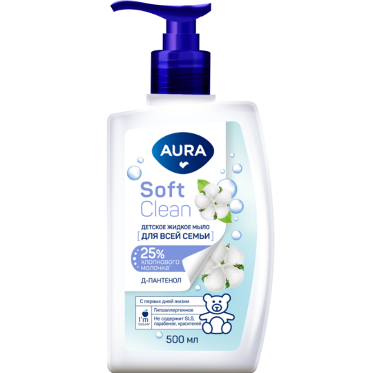 Жидкое мыло детское «Aura» Soft Clean, Хлопок и Д-пантенол, 500 мл