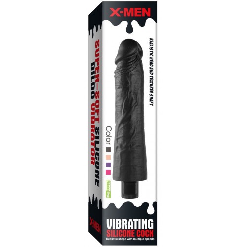 Реалистичный черный вибратор с рельефным стволом X-Men Vibrating Siliсone Cock 25 см