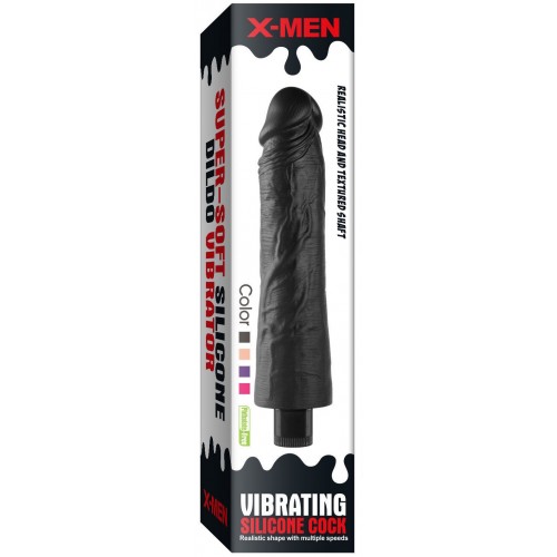 Реалистичный черный вибратор с рельефным стволом X-Men Vibrating Siliсone Cock 22 см