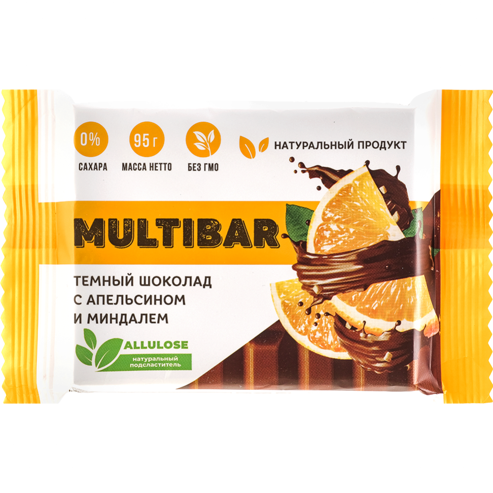 Темный шоколад «Multibar» с апельсином и миндалем, без сахара, 95 г