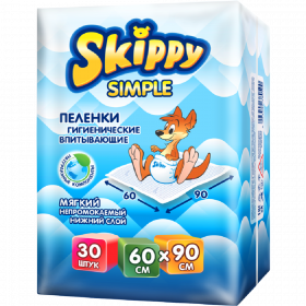 Пе­лен­ки од­но­ра­зо­вые дет­ские «Skippy» Simple Waterproof, 60x90 см, 30 шт