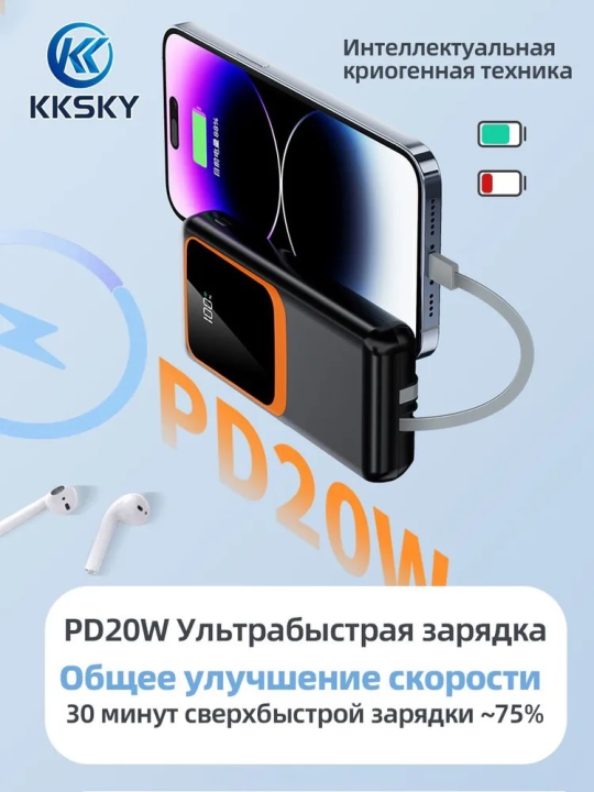 Повербанк портативное зарядное устройство Power Bank с быстрой зарядкой и контролем уровня заряда Hoco 30000 mAh белый