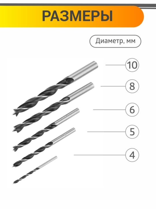 Набор сверл по дереву, 5 шт. (4-5-6-8-10) мм, полир., HSS, пласт. уп., "Рубин" TDM SQ1093-0201(2)