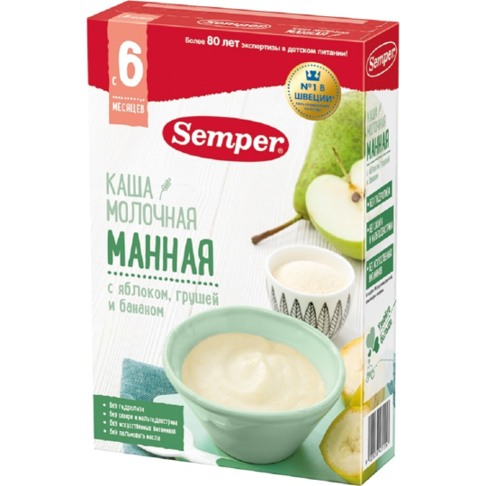 Каша сухая молочная «Semper» манная с яблоком, грушей и бананом, 180 г