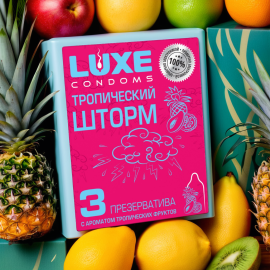 Презервативы Luxe, конверт «Тропический шторм», латекс, тропические фрукты, 18 см, 5,2 см, 3 шт, аромат тропических фруктов.