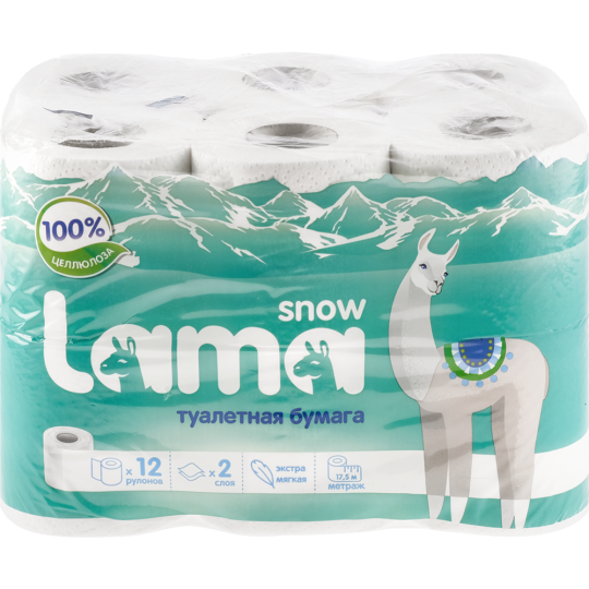 Туалетная бумага «Snow Lama» белая, 2 слоя, 12 рулонов