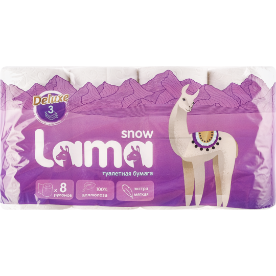 Туалетная бумага «Snow Lama» белая, 3 слоя, 8 рулонов