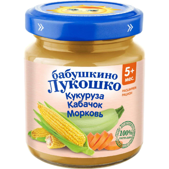 Уп.Пюре овощное «Бабушкино Лукошко» кукуруза, кабачок и морковь, 6х100г