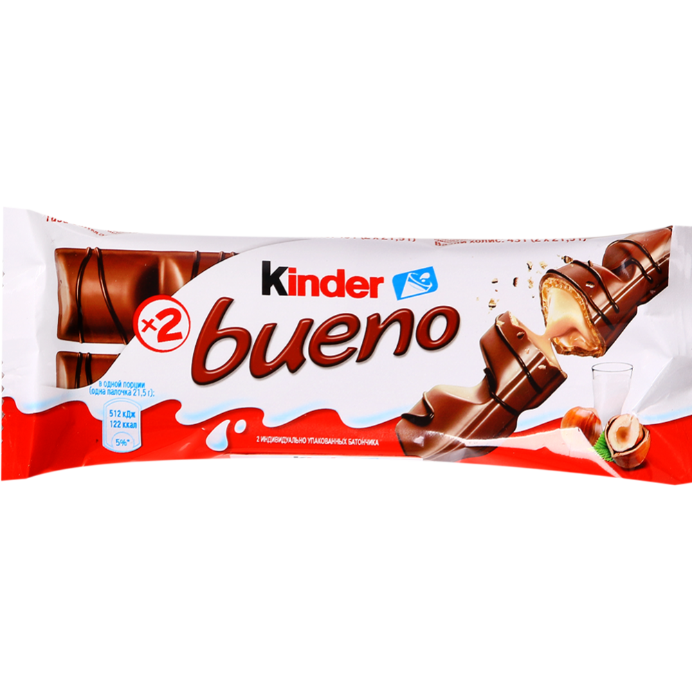 Вафли «Kinder» Bueno в мо­лоч­ном шо­ко­ла­де, с мо­лоч­но-оре­хо­вой на­чин­кой, 43 г