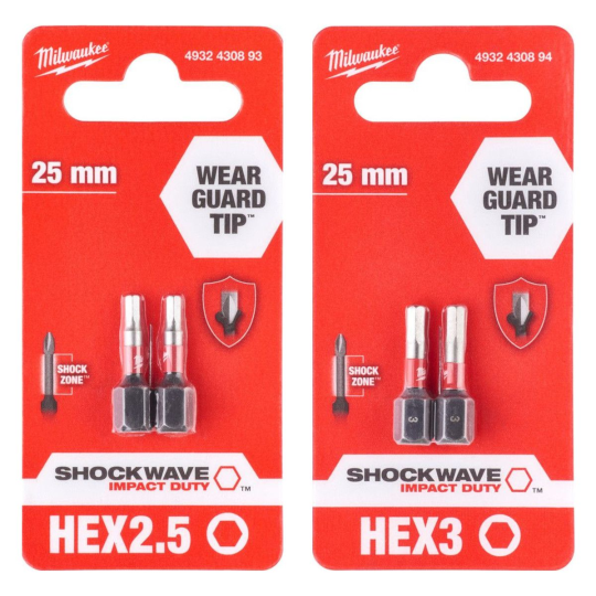 Набор Hex H2.5+H3x25мм (по 6шт) Биты для шуруповёрта ударные Shockwave MILWAUKEE