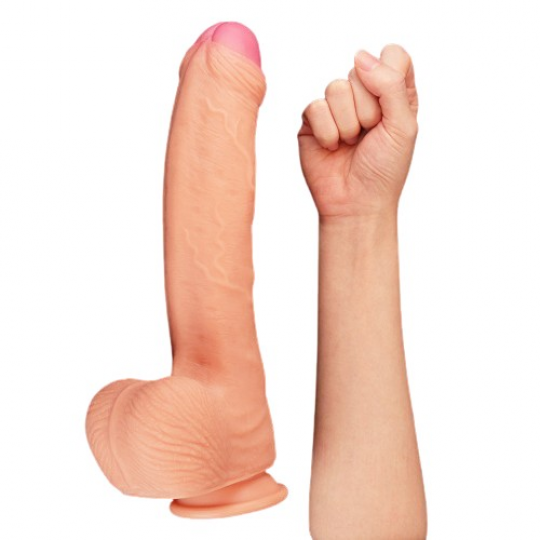 Большой фаллос на присоске с мошонкой Dual Layered Silicone Cock 28 см