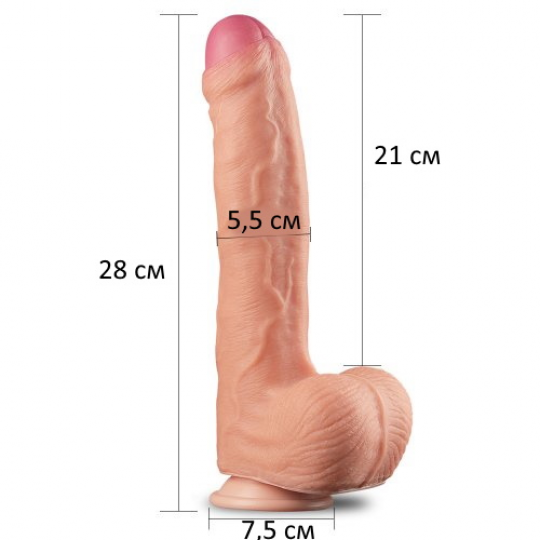 Большой фаллос на присоске с мошонкой Dual Layered Silicone Cock 28 см