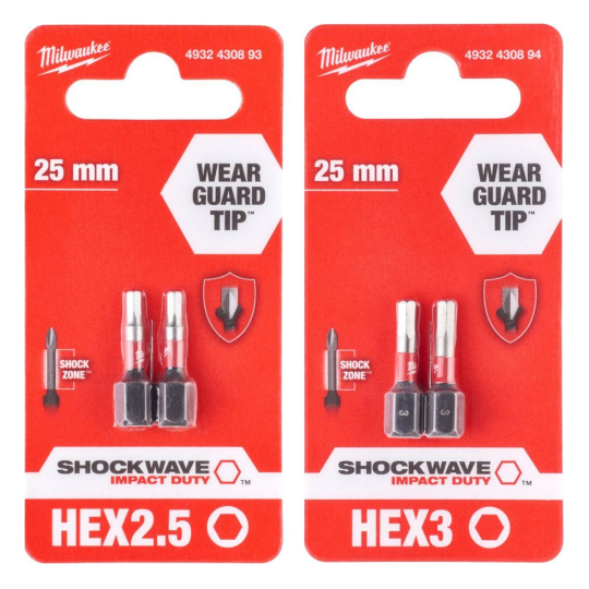 Набор Hex H2.5+H3x25мм (по 2шт) Биты для шуруповёрта ударные Shockwave MILWAUKEE