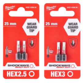 Набор Hex H2.5+H3x25мм (по 4шт) Биты для шуруповёрта ударные Shockwave MILWAUKEE