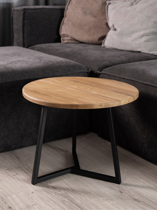 Круглый журнальный стол в стиле Лофт из массива дуба, D54см, H52.5 см, натуральный/черный, STAL-MASSIV