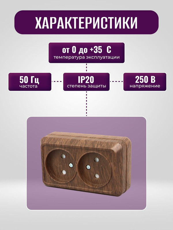 Розетка двойная 2П (2шт) открытой установки с защитными шторками IP20 10А, бук "Ладога" TDM SQ1801-0039(2)