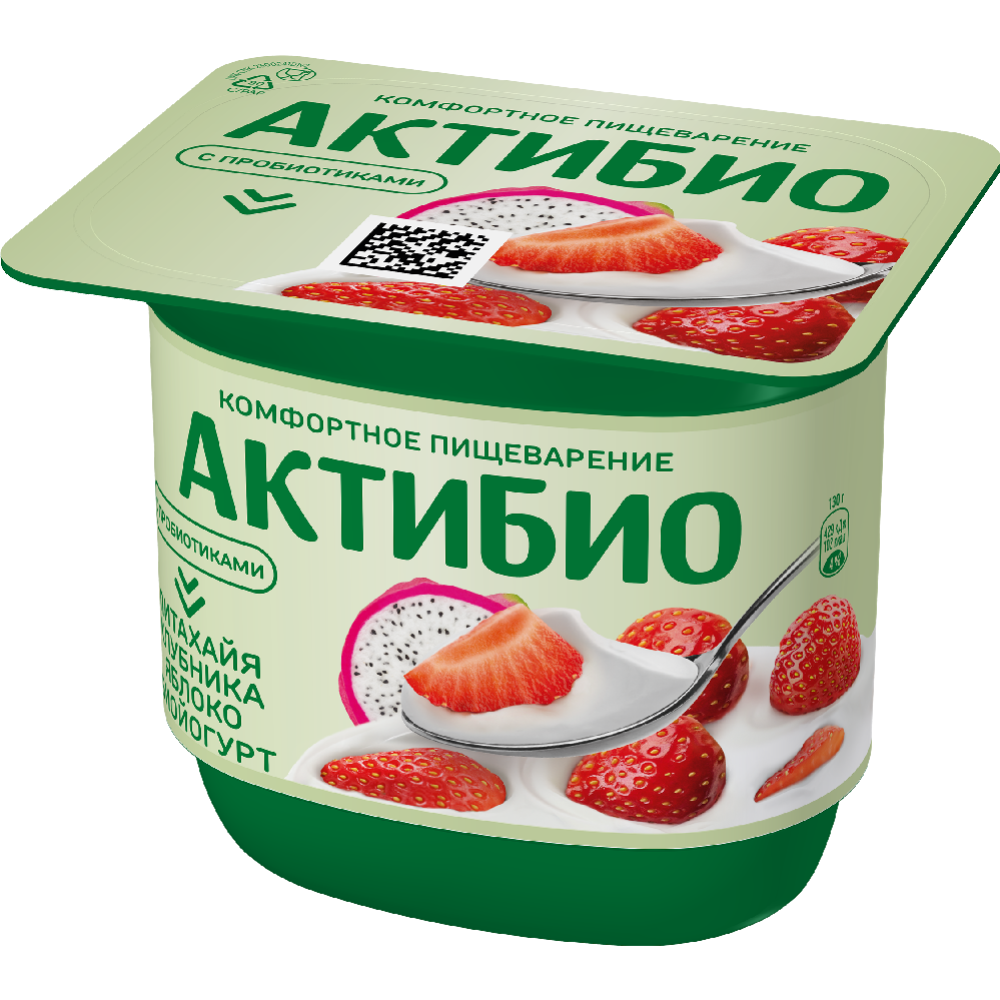 Биой­о­гурт «Ак­ти­Био» с клуб­ни­кой, яб­ло­ком и пи­та­хай­ей без сахара 2,9%, 130 г 