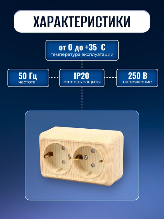 Розетка двойная 2П+З (2шт) открытой установки с защитными шторками IP20 16А, сосна "Ладога" TDM SQ1801-0056(2)