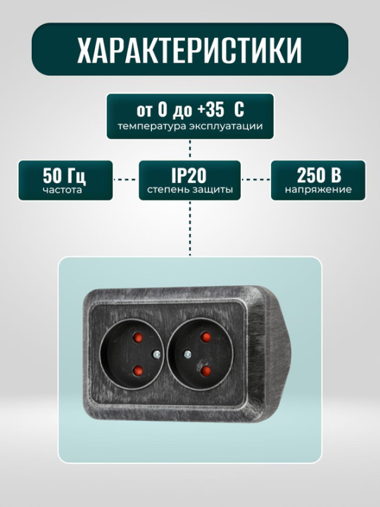 Розетка угловая двойная 2П открытой установки с защитными шторками IP20 250В 10А серебро "Ладога" TDM SQ1801-0389