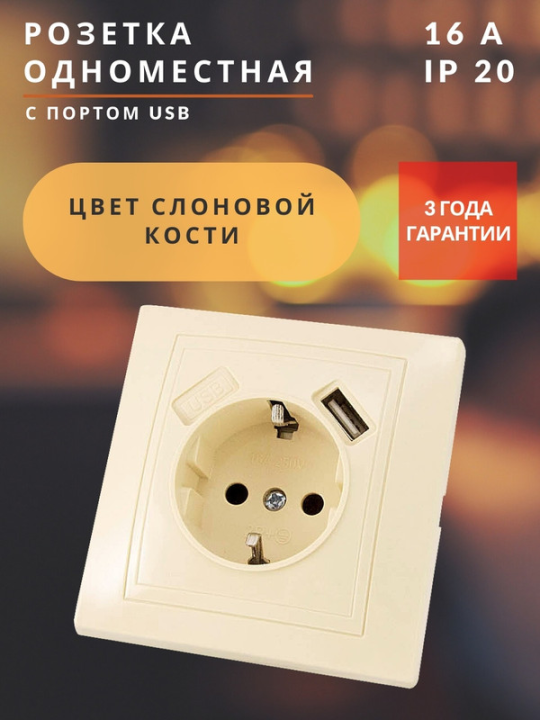 Розетка 2П+З с защ. шт. 16А 250В + USB порт 2,1А 5В сл. кость "Таймыр" TDM SQ1814-0140