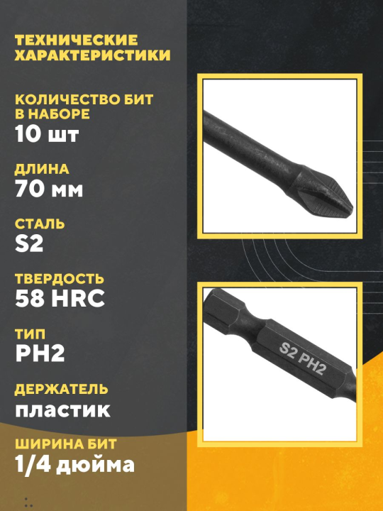 Набор бит PH2x70, односторонних, сталь S2, Е 1/4", намагниченные, торсионные, 10 шт., «Алмаз» TDM SQ1019-0445