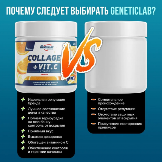 Коллаген с витамином С Geneticlab Nutrition 225 гр, апельсин, для кожи волос ногтей и суставов