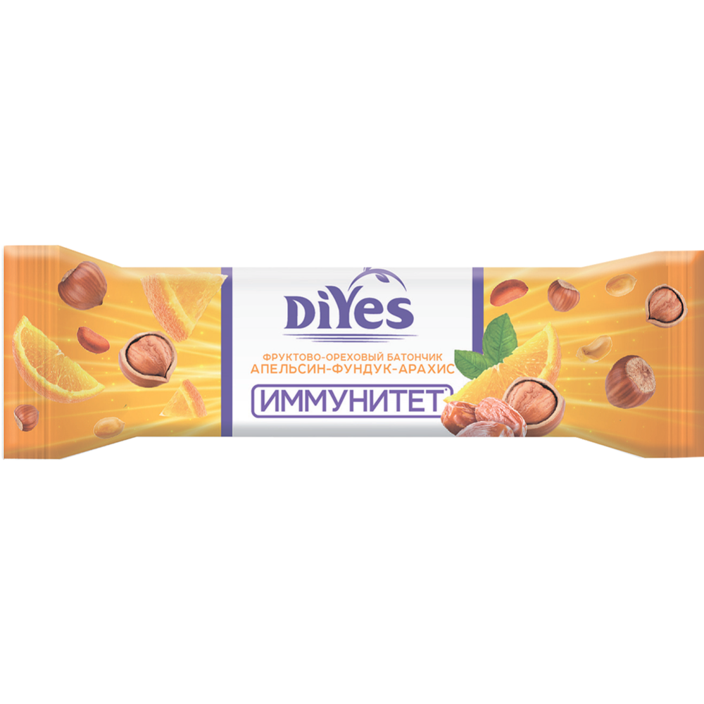 Протеиновый батончик «DiYes» фруктово-ореховый, апельсин-фундук-арахис, 40 г