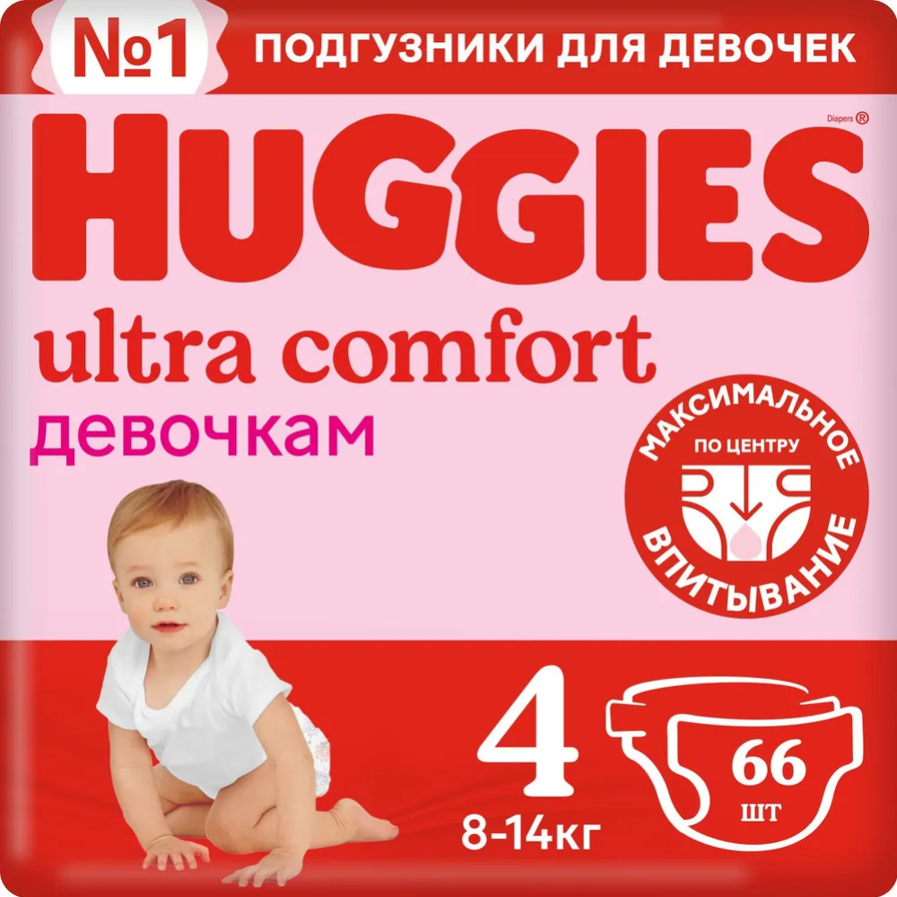 Картинка товара Подгузники «Huggies» Ultra Comfort, для девочек, размер 4, 8-14 кг, 80 шт