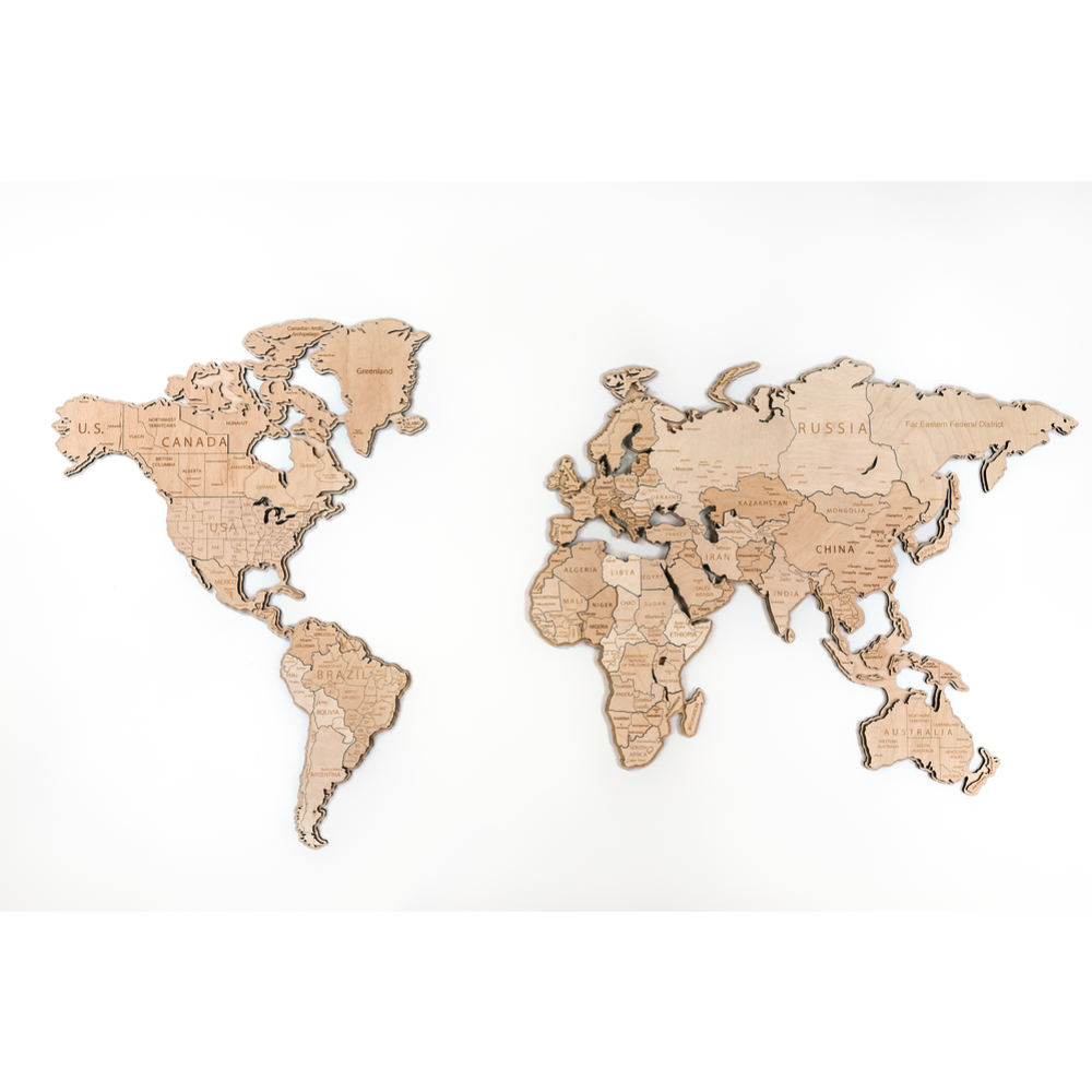 Декор на стену «Woodary» Карта мира на английском языке, 3196, многоуровневый, L, натуральный, 60х105 см