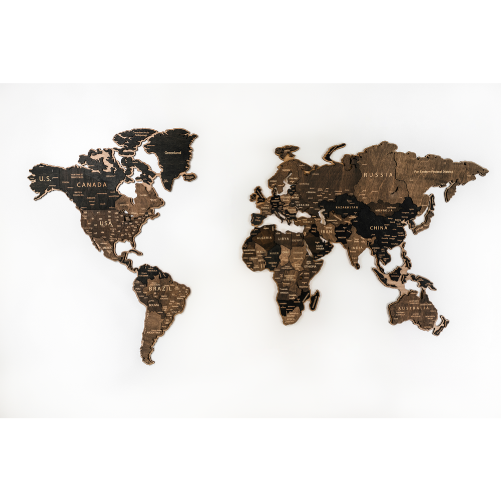 Декор на стену «Woodary» Карта мира на английском языке, 3200, многоуровневый, XL, венге, 72х130 см