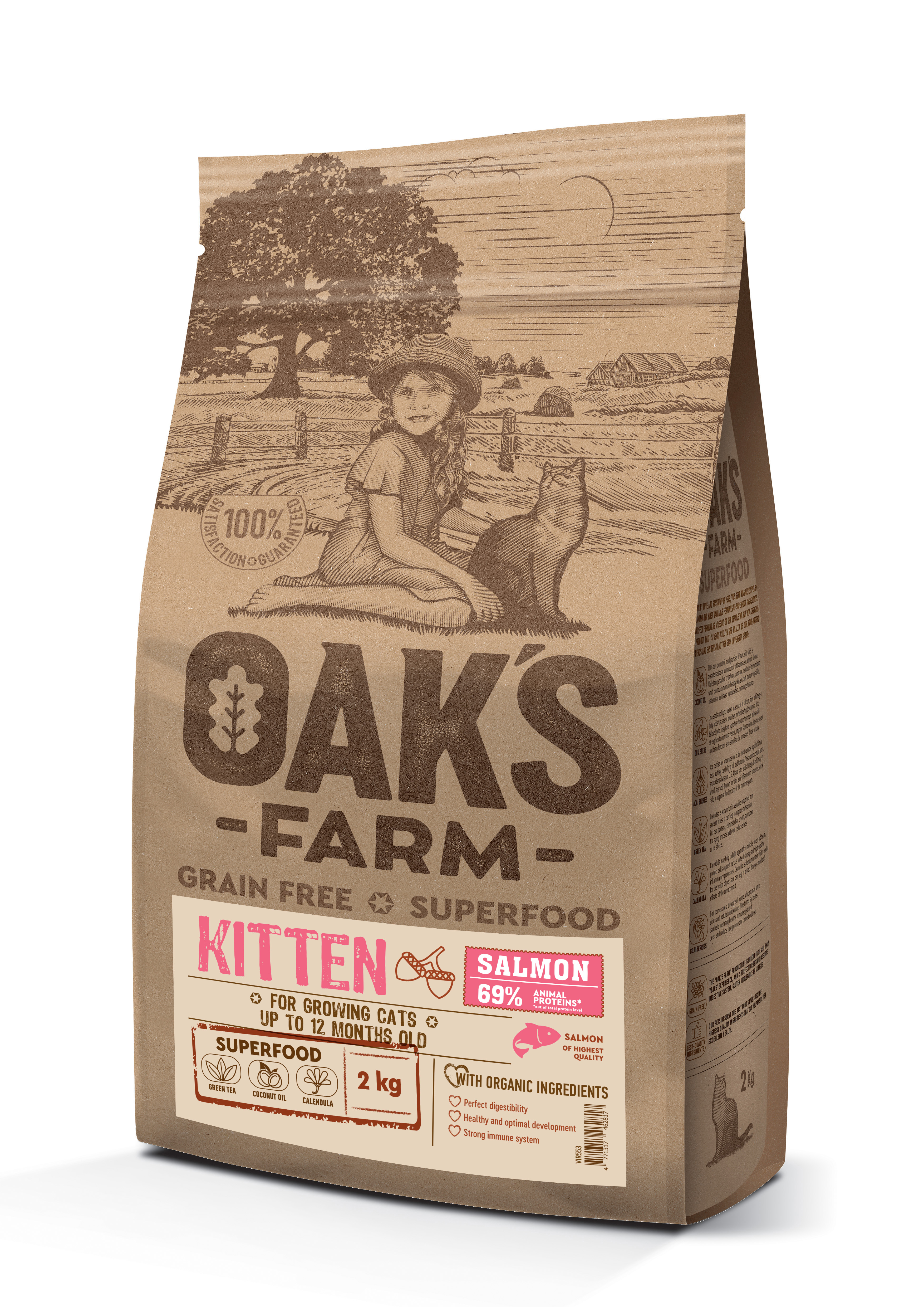 OAK'S FARM Полноценный беззерновой корм для котят Salmon / Лосось. 2кг