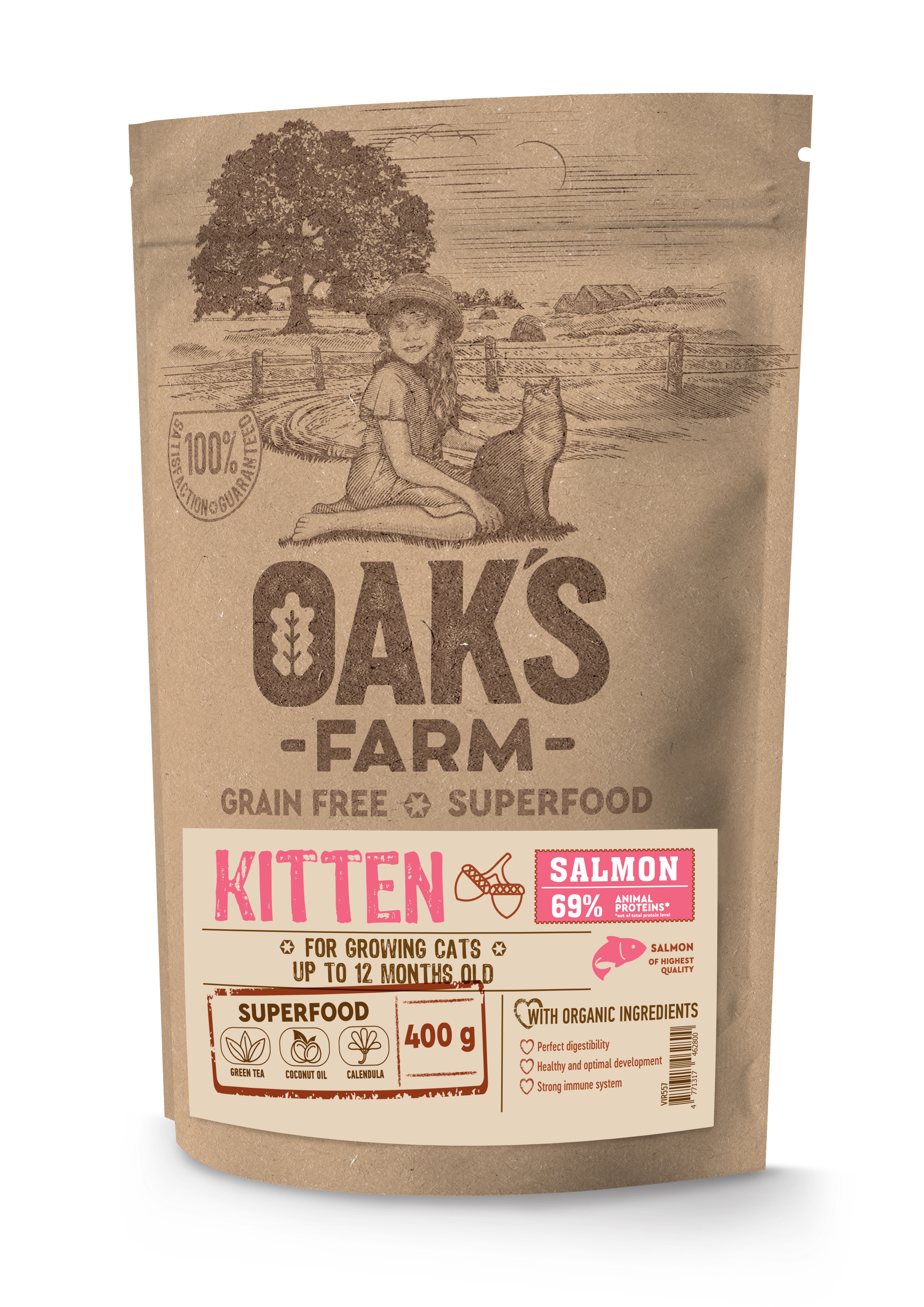 OAK'S FARM Полноценный беззерновой корм для котят Salmon / Лосось.400гр