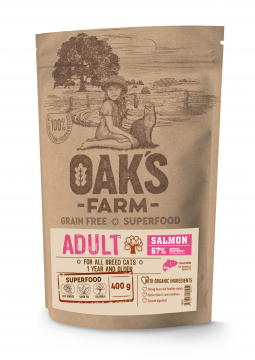 OAK'S FARM Полноценный беззерновой корм для взрослых кошек Salmon / Лосось. 400гр