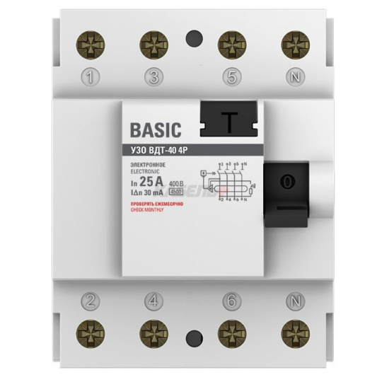 Устройство защитного отключения УЗО 4P 25А/30мА (электронное) EKF Basic