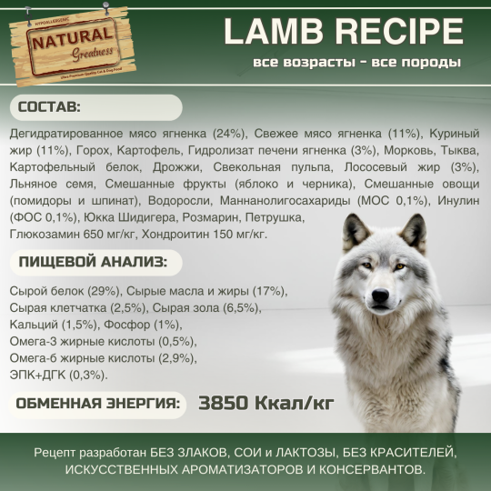 Сухой корм Natural Greatness Lamb Recipe 2 кг для собак всех возрастов (для щенков) с чувствительным пищеварением, ягненок