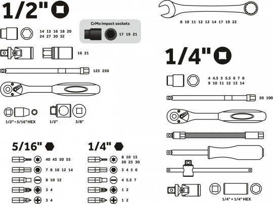 Набор головок и ключей 82пр. 1/4",1/2" PRO STARTUL LE MANS (PRO-082L) (6 граней) (PRO-082L)