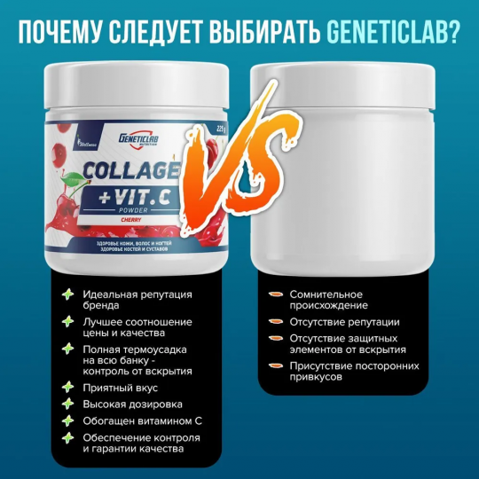 Коллаген с витамином С Geneticlab Nutrition 225 гр, вишня, для кожи волос ногтей и суставов