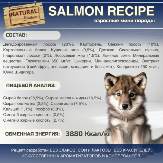 Сухой корм Natural Greatness Salmon Recipe Мини 2 кг для взрослых собак мини пород с чувствительным пищеварением, лосось