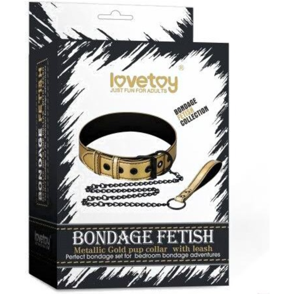 Ошейник эротический «LoveToy» Bondage Fetish Black Matt Collar With Leash, LV761004 Gold, золотистый
