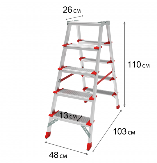 Стремянка ПРОФИ, 3 года гарантии, 2x5 широких ступеней 130 мм, площадка 260 мм, NV3127, Новая высота