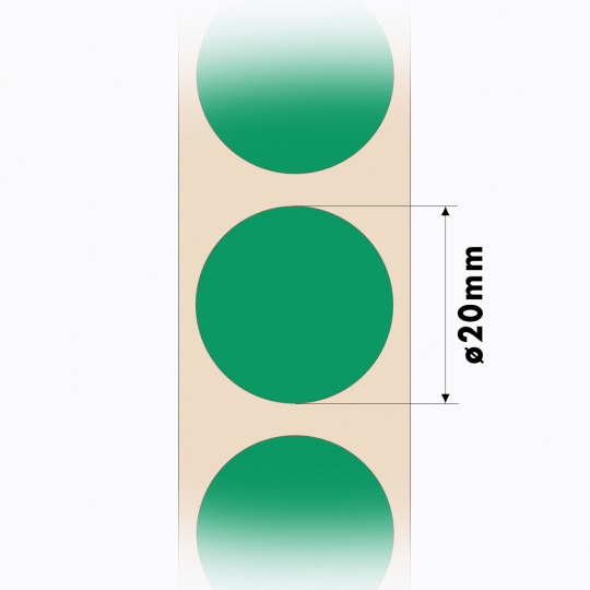 Набор 10 рулонов круглых самоклеящихся наклеек D20 мм., цвет зеленый.