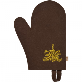 Ру­ка­ви­ца для бани «Бан­ные штуч­ки» ко­рич­не­вый, с вы­ши­тым ло­го­ти­пом, войлок 100%
