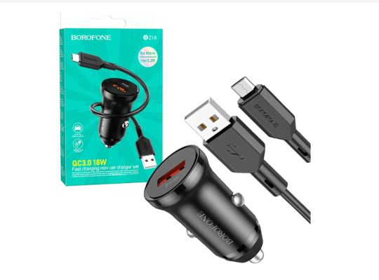 Автомобильная зарядка Borofone BZ18 1USB QC3.0 черная с кабелем microUSB 100см