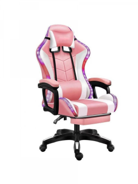 Кресло геймерское компьютерное с RGB подсветкой на колесиках (бело-розовое)