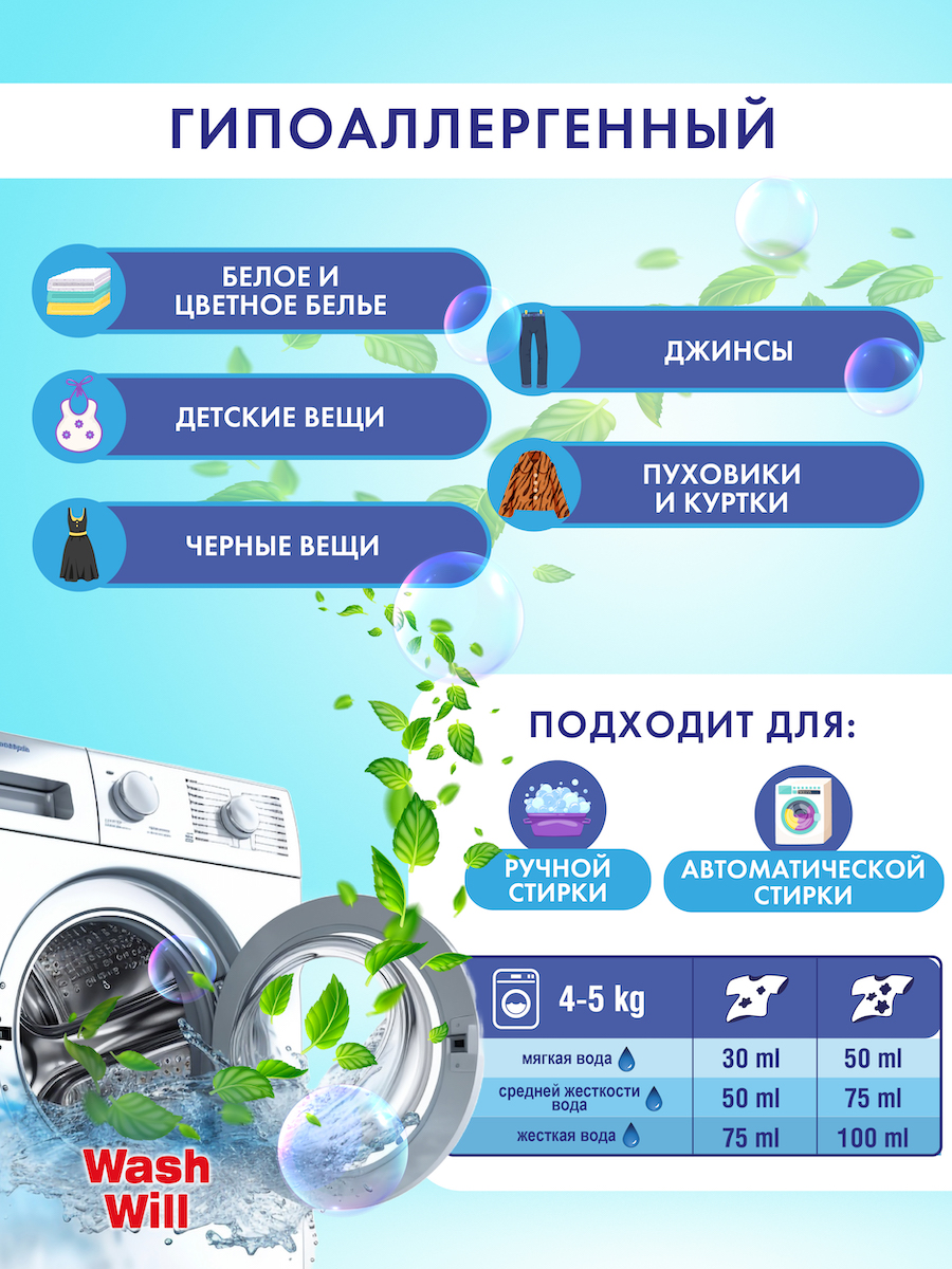 Гель для стирки цветного белья WashWill. Жидкий порошок (Европа, Словакия) 1 литр